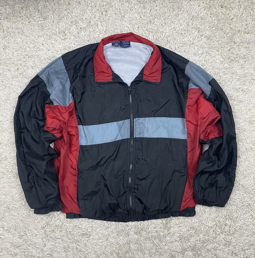 John Blair Vintage 90s Colorblock Windbreaker Jacket Mens L Black Red Nylon Zip